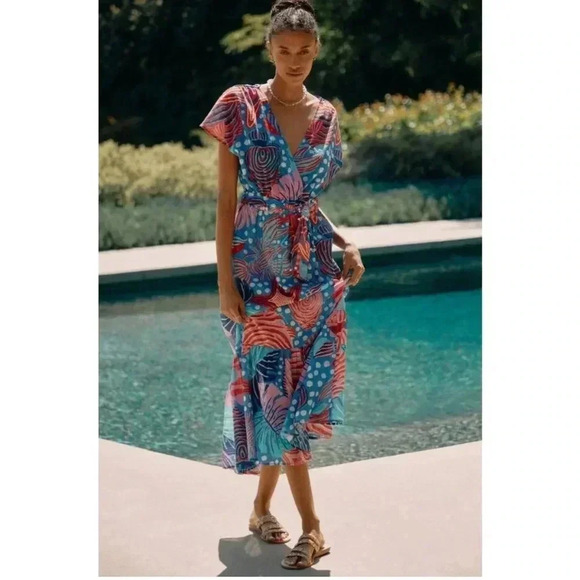 Anthropologie FARM Rio Ocean Life Wrap Dress Size XL - Picture 2 of 5